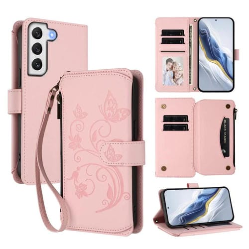 Funda de cuero con cremallera para Samsung Galaxy S22+ 5G, diseño de mariposas, flores y amor, con múltiples tarjetas (rosa)