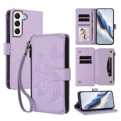 Funda de cuero con cremallera para Samsung Galaxy S21 5G, diseño de mariposas, flores y amor, con múltiples tarjetas (morado claro)