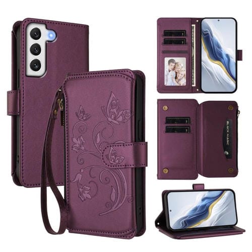Funda de cuero con cremallera para Samsung Galaxy S21+ 5G, diseño de mariposas, flores y amor, con múltiples tarjetas (morado oscuro)