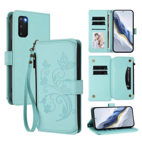 Funda de cuero con cremallera para Samsung Galaxy S20, diseño de mariposas, flores y amor, con múltiples tarjetas (verde menta)