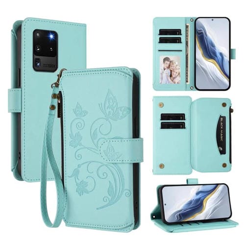 Funda de cuero con cremallera para Samsung Galaxy S20 Ultra, diseño de mariposas, flores y amor, con múltiples tarjetas (verde menta)