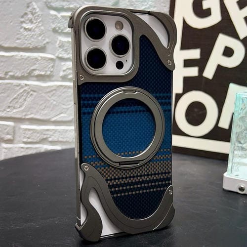 Funda de metal sin marco para iPhone 15 Pro Max con rotación de 360 grados y soporte MagSafe (color titanio)