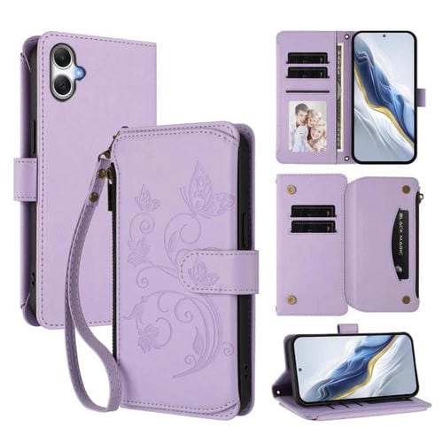 Funda de cuero con cremallera para Samsung Galaxy A07 4G / A06 4G / 5G, diseño de mariposas, flores y mĂșltiples tarjetas (morado claro)