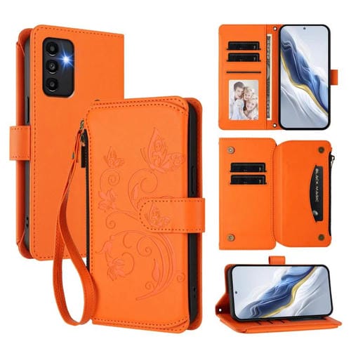 Funda de cuero con cremallera para Samsung Galaxy A13 4G / 5G / A04 4G, diseño de mariposas, flores y mĂșltiples tarjetas (naranja)
