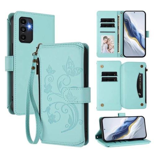 Funda de cuero con cremallera para Samsung Galaxy A13 4G / 5G / A04 4G, diseño de mariposas y flores, con mĂșltiples tarjetas (verde menta)