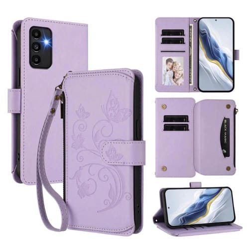 Funda de cuero con cremallera para Samsung Galaxy A13 4G / 5G / A04 4G, diseño de mariposas y flores, con mĂșltiples tarjetas (morado claro)