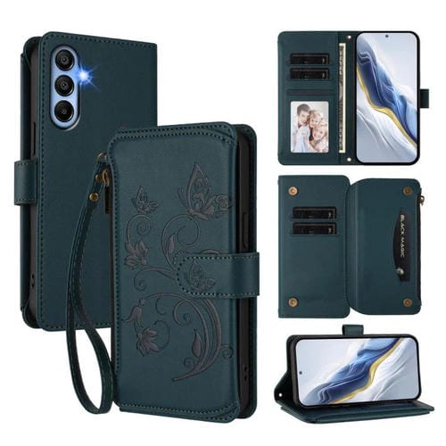 Funda de cuero con cremallera para Samsung Galaxy A15 4G/5G, diseño de mariposas, flores y mĂșltiples tarjetas (verde oscuro)