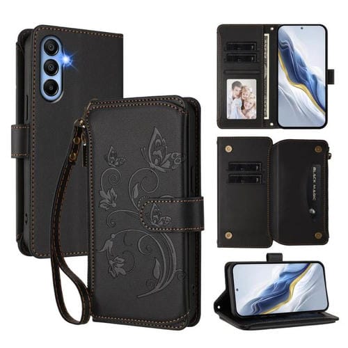 Funda de cuero con cremallera para Samsung Galaxy A15 4G/5G, diseño de mariposas, flores y amor, con mĂșltiples tarjetas (negro)