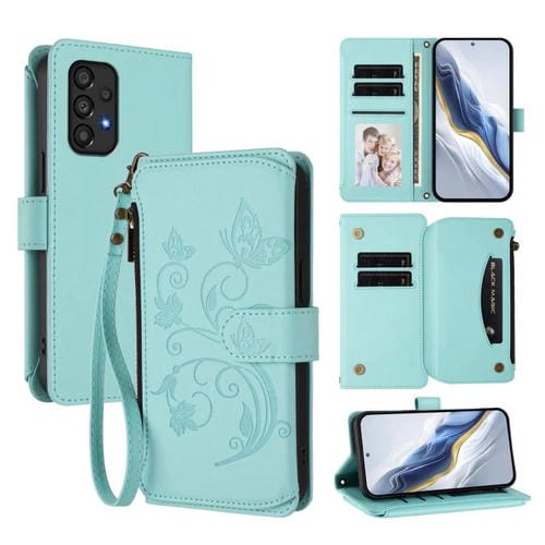 Funda de cuero con cremallera para Samsung Galaxy A33 5G, diseño de mariposas, flores y amor, con mĂșltiples tarjetas (verde menta)