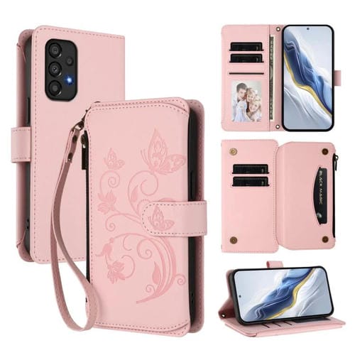 Funda de cuero con cremallera para Samsung Galaxy A33 5G, diseño de mariposas, flores y amor, con mĂșltiples tarjetas (rosa)