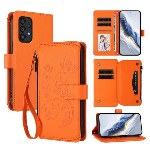 Funda de cuero con cremallera para Samsung Galaxy A53 5G, diseño de mariposas, flores y amor, con mĂșltiples tarjetas (naranja)