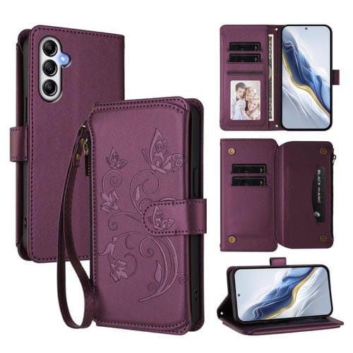 Funda de cuero con cremallera para Samsung Galaxy A55 5G, diseño de mariposas, flores y amor, con mĂșltiples tarjetas (morado oscuro)