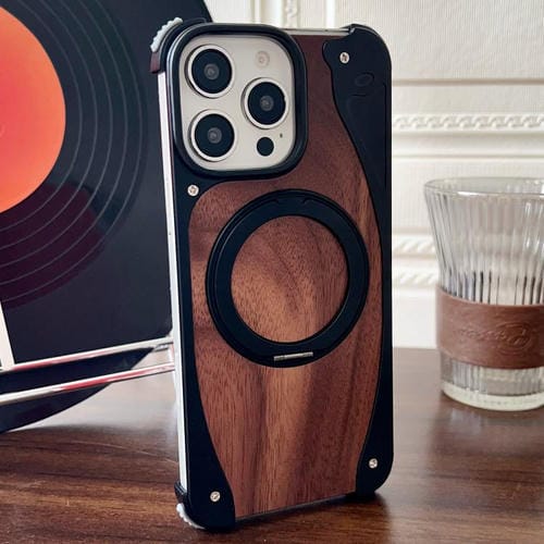 Funda de metal sin marco para iPhone 16 Pro, color nogal, con rotación de 360 grados y soporte MagSafe (negro)