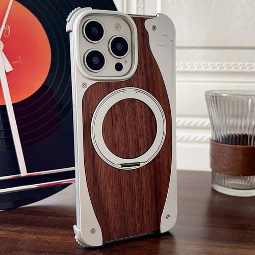 Funda de metal sin marco para iPhone 16 Pro, color nogal, con rotación de 360 grados y soporte MagSafe (plateada)