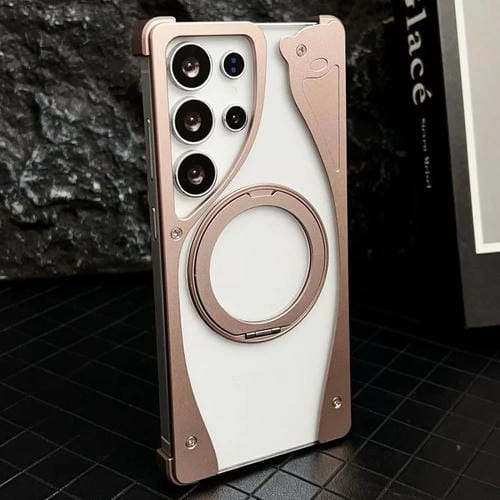 Funda transparente MagSafe para Samsung Galaxy S23 Ultra 5G, sin marco metálico, con rotación de 360 grados (dorado postre)