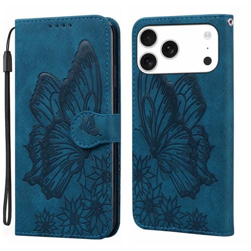 Funda de cuero con tapa horizontal y diseño de mariposas en relieve retro para iPhone 17 Pro (azul)