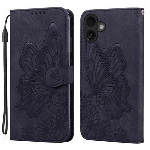 Funda de cuero con tapa horizontal y diseño de mariposas en relieve retro para iPhone 17 (negra)
