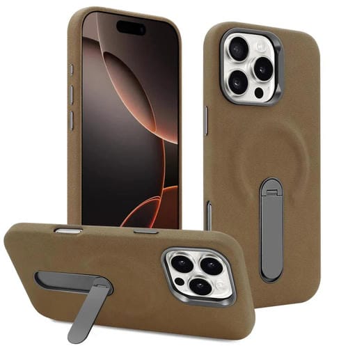 Funda VIETAO de piel sintética MagSafe de gamuza con soporte para iPhone 16 Pro (marrón oscuro)