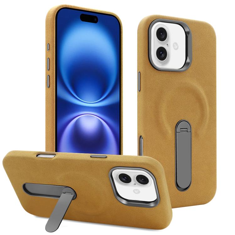 Funda VIETAO de piel sintética MagSafe de gamuza con soporte para iPhone 16 (marrón claro)