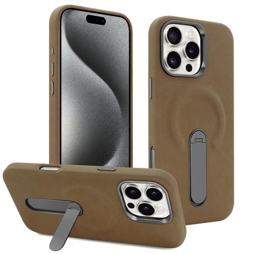 Funda VIETAO de piel sintética MagSafe de gamuza con soporte para iPhone 15 Pro (marrón oscuro)