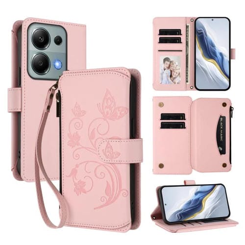 Funda de cuero con cremallera para Redmi Note 14S 4G / Note 13 Pro 4G, diseño de mariposas, flores y múltiples tarjetas (rosa)