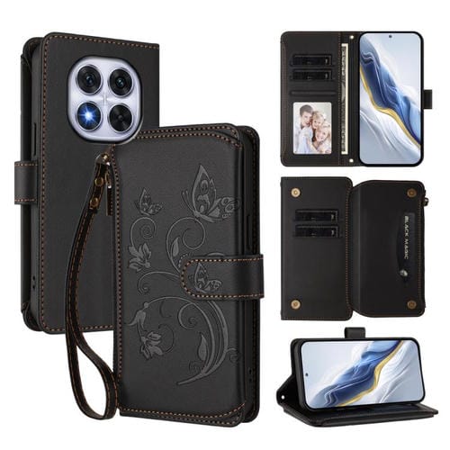Funda de cuero con cremallera para Redmi Note 14 Pro 5G / Note 14 Pro+ 5G, diseño de mariposas y flores, con múltiples tarjetas (negro)