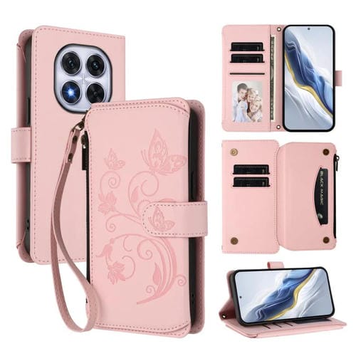 Funda de cuero con cremallera para Redmi Note 14 Pro 4G, diseño de mariposas, flores y mariposas (rosa)