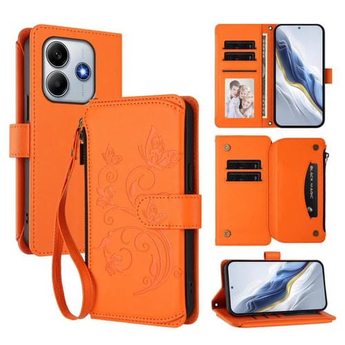 Funda de cuero con cremallera para Redmi Note 14 4G (163,25 mm), diseño de mariposas y flores (naranja)
