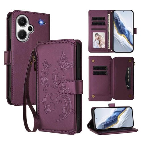 Funda de cuero con cremallera para Redmi Note 13 Pro+, diseño de mariposas, flores y mariposas (morado oscuro)