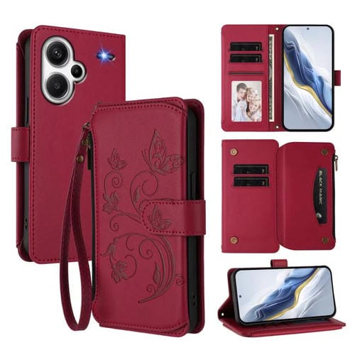 Funda de cuero con cremallera para Redmi Note 13 Pro+, diseño de mariposas, flores y mariposas (rojo vino)