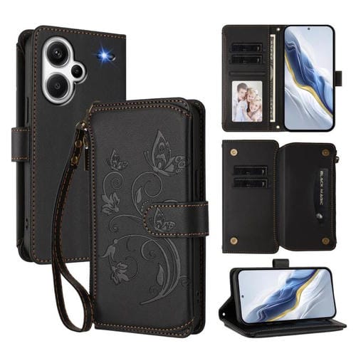 Funda de cuero con cremallera para Redmi Note 13 Pro+, diseño de mariposas, flores y mĂșltiples tarjetas (negro)
