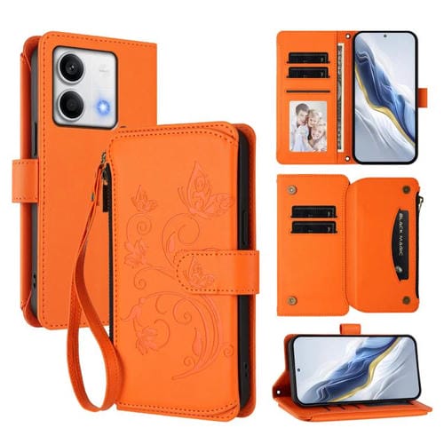 Funda de cuero con cremallera para Redmi Note 13 5G, diseño de mariposas, flores y mariposas (naranja)