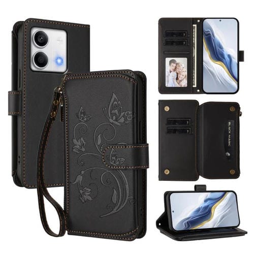 Funda de cuero con cremallera para Redmi Note 13 5G, diseño de mariposas, flores y mĂșltiples tarjetas (negro)