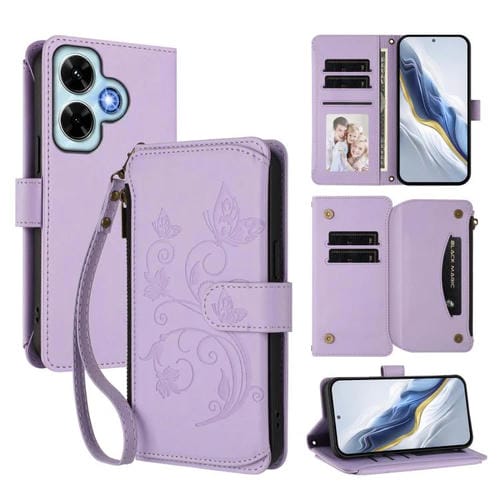 Funda de cuero con cremallera para Redmi Note 13 4G, diseño de mariposas, flores y múltiples tarjetas (morado claro)