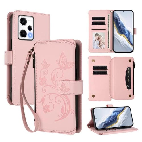 Funda de cuero con cremallera para Redmi Note 12 Pro+ Global / Note 12 Explorer, diseño de mariposas, flores y amor, con mĂșltiples tarjetas (rosa)