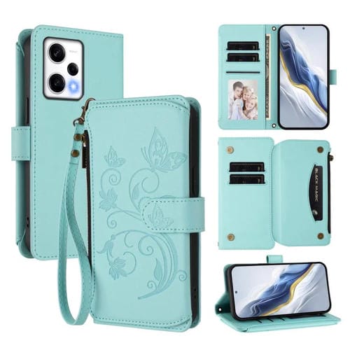 Funda de cuero con cremallera para Redmi Note 12 Pro 5G Global/Speed Butterfly Love Flower (verde menta)