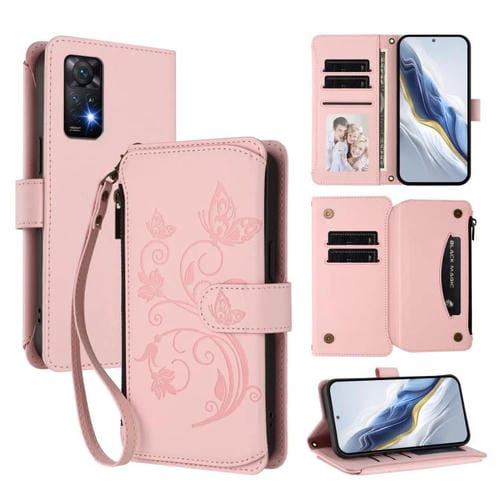 Funda de cuero con cremallera para Redmi Note 12 Pro 4G / Note 11 Pro 5G, diseño de mariposas, flores y mĂșltiples tarjetas (rosa)