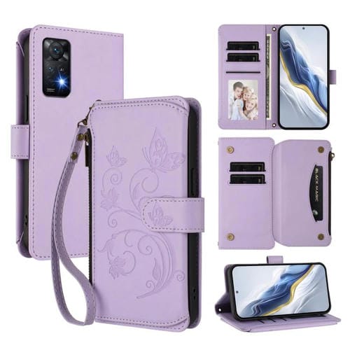 Funda de cuero con cremallera para Redmi Note 12 Pro 4G / Note 11 Pro 5G, diseño de mariposas, flores y mĂșltiples tarjetas (morado claro)