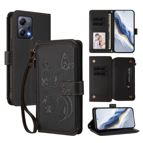 Funda de cuero con cremallera para Redmi Note 12 5G Global / Xiaomi Poco X5, diseño de mariposas, flores y mĂșltiples tarjetas (negro)