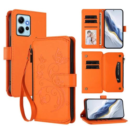Funda de cuero con cremallera para Redmi Note 12 4G Global, diseño de mariposas, flores y amor, con mĂșltiples tarjetas (naranja)