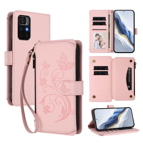 Funda de cuero con cremallera para Redmi Note 11S 5G / Xiaomi Poco M4 Pro 5G, diseño de mariposas y flores, con múltiples tarjetas (rosa)