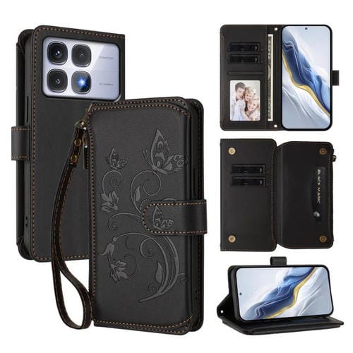 Funda de cuero con cremallera para Redmi K70 Ultra, diseño de mariposas y flores, con mĂșltiples tarjetas (negro)