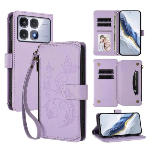 Funda de cuero con cremallera para Redmi K70 Ultra, diseño de mariposas, flores y amor, con múltiples tarjetas (morado claro)