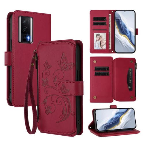 Funda de cuero con cremallera para Redmi K60/K60 Pro, diseño de mariposas, flores y amor, con mĂșltiples tarjetas (rojo vino)