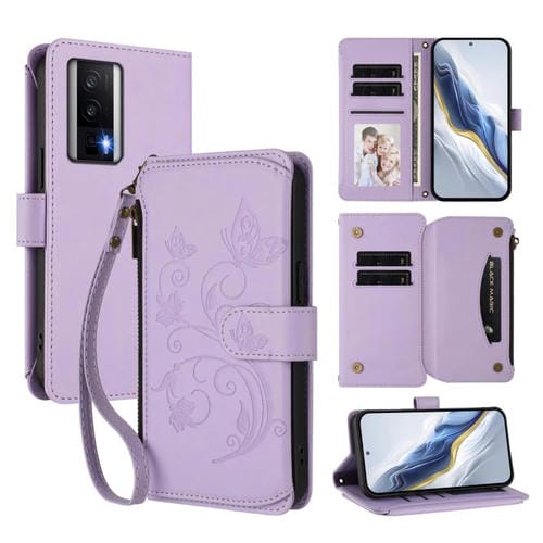 Funda de cuero con cremallera para Redmi K60/K60 Pro, diseño de mariposas, flores y mĂșltiples tarjetas (morado claro)