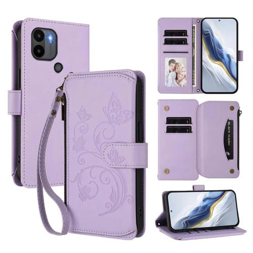 Funda de cuero con cremallera para Redmi A1+ / A2+ / Xiaomi Poco C51, diseño de mariposas y flores (morado claro)