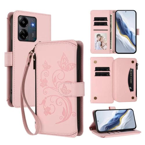 Funda de cuero con cremallera para Redmi 13C 4G / 5G / Xiaomi Poco C65, diseño de mariposas y flores, con múltiples tarjetas (rosa)
