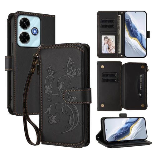Funda de cuero con cremallera para Redmi 13 4G / 5G / 13x / Xiaomi Poco M6 4G, diseño de mariposas y flores, con múltiples tarjetas (negro)