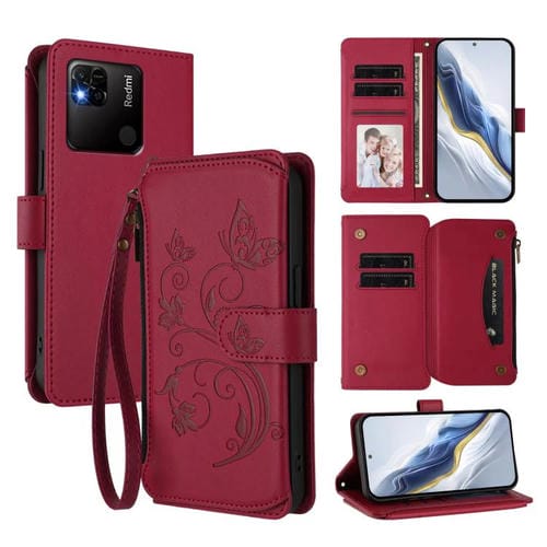 Funda de cuero con cremallera para Redmi 10A/Redmi 9C, diseño de mariposas, flores y amor (rojo vino)
