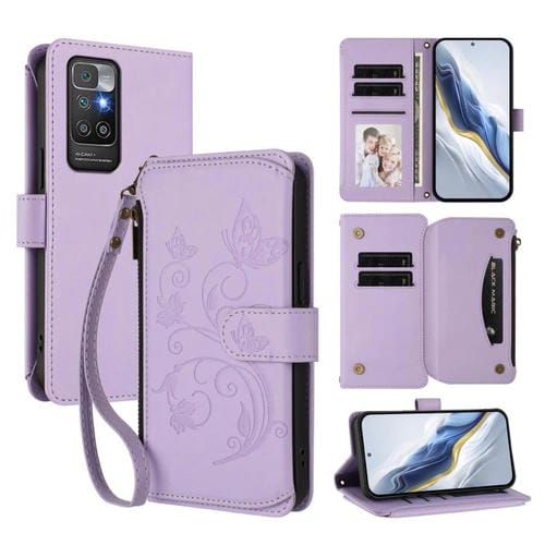 Funda de cuero con cremallera para Redmi 10 2022, diseño de mariposas, flores y mariposas (morado claro)